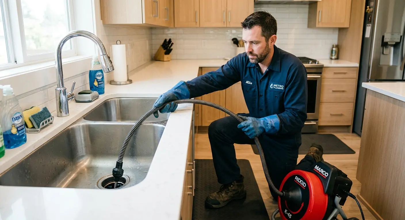 Drain cleaning technician using a motorized snake on a kitchen sink in Fortuna