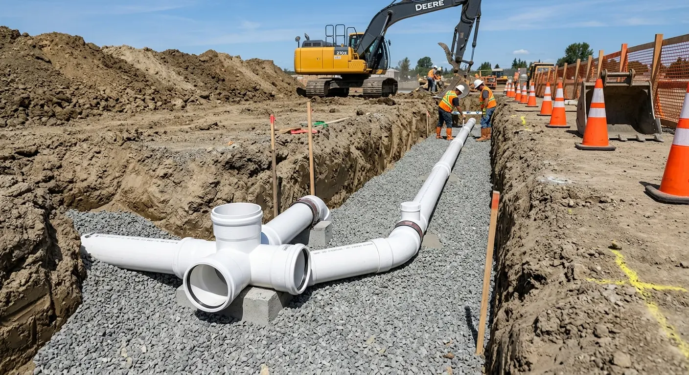 New PVC sewer pipe installation in open trench for Sewer Backup in Fortuna