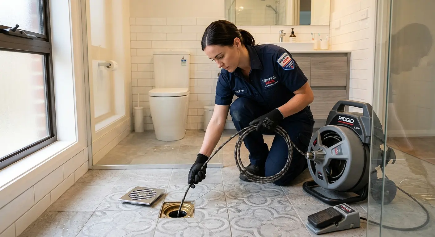 Technician clearing a bathroom floor drain for Drain Repair in Fortuna
